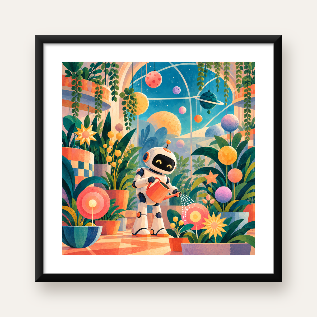 Robot ve Çiçekli Uzay Bahçesi Poster – Dijital İllüstrasyon — Kare baskı, beyaz paspartulu