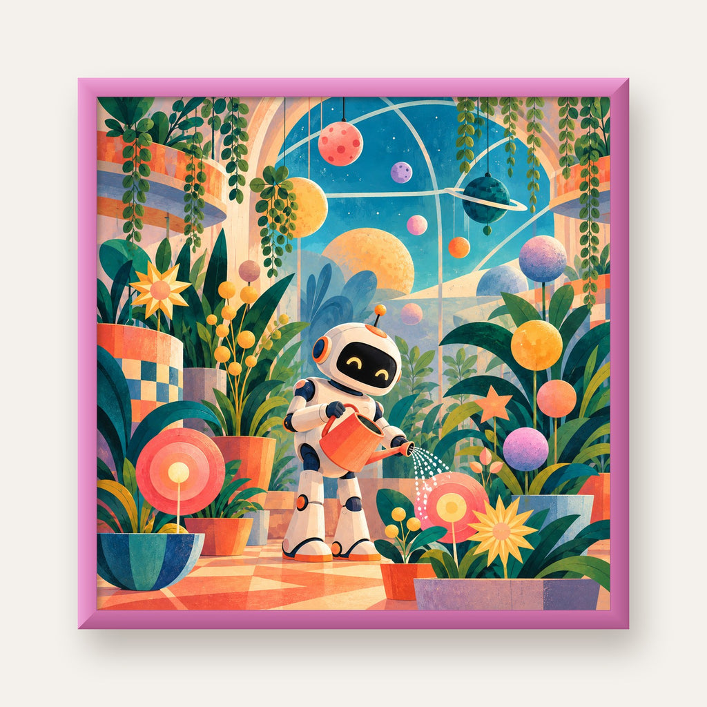 Robot ve Çiçekli Uzay Bahçesi Poster – Dijital İllüstrasyon — pembe çerçeveli