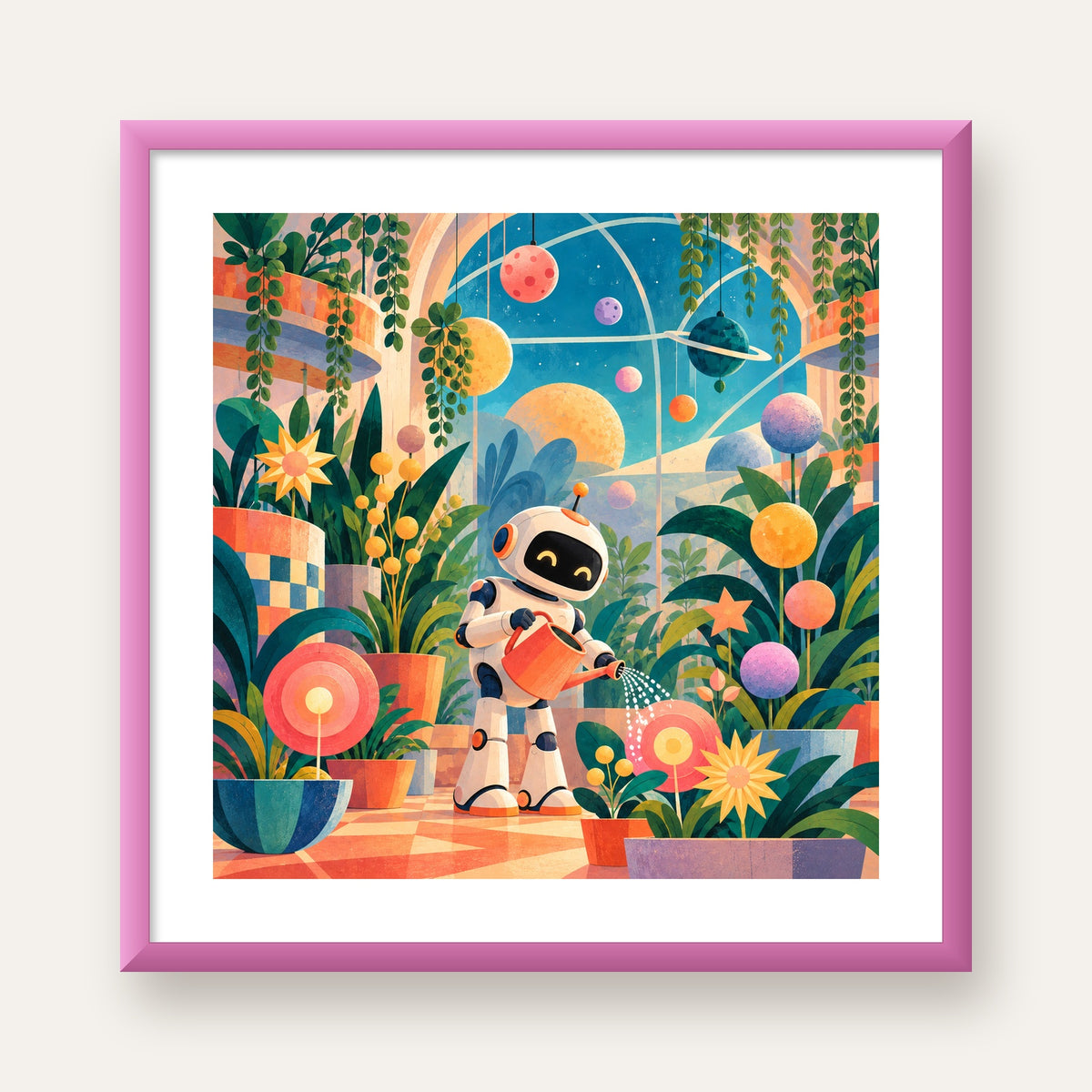 Robot ve Çiçekli Uzay Bahçesi Poster – Dijital İllüstrasyon — pembe çerçeveli paspartulu