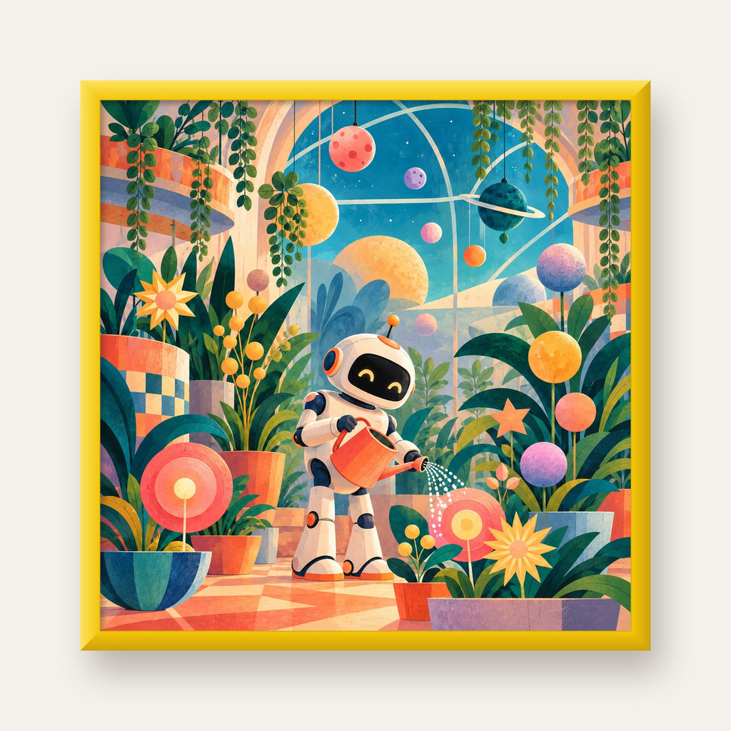 Robot ve Çiçekli Uzay Bahçesi Poster – Dijital İllüstrasyon — sarı çerçeveli