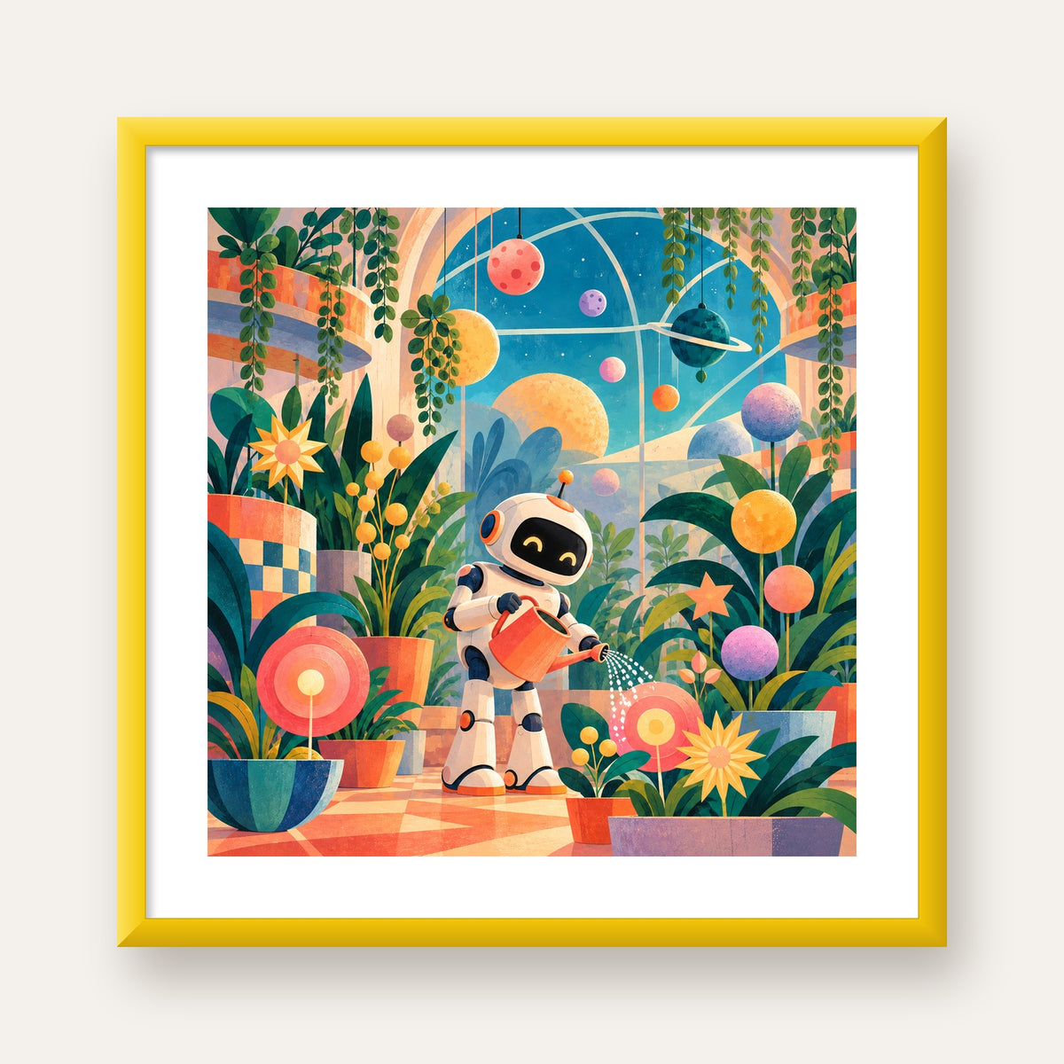 Robot ve Çiçekli Uzay Bahçesi Poster – Dijital İllüstrasyon — sarı çerçeveli paspartulu