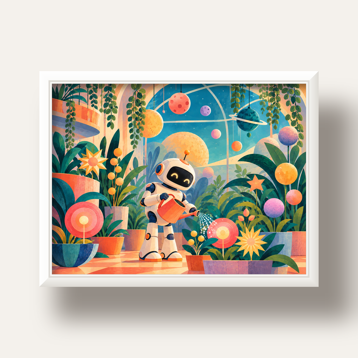 Robot ve Çiçekli Uzay Bahçesi Poster – Dijital İllüstrasyon — beyaz derin çerçeveli