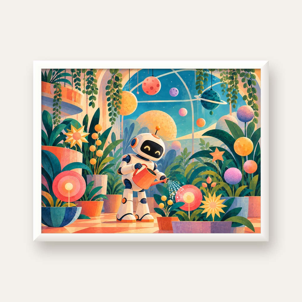 Robot ve Çiçekli Uzay Bahçesi Poster – Dijital İllüstrasyon — beyaz çerçeveli yatay poster