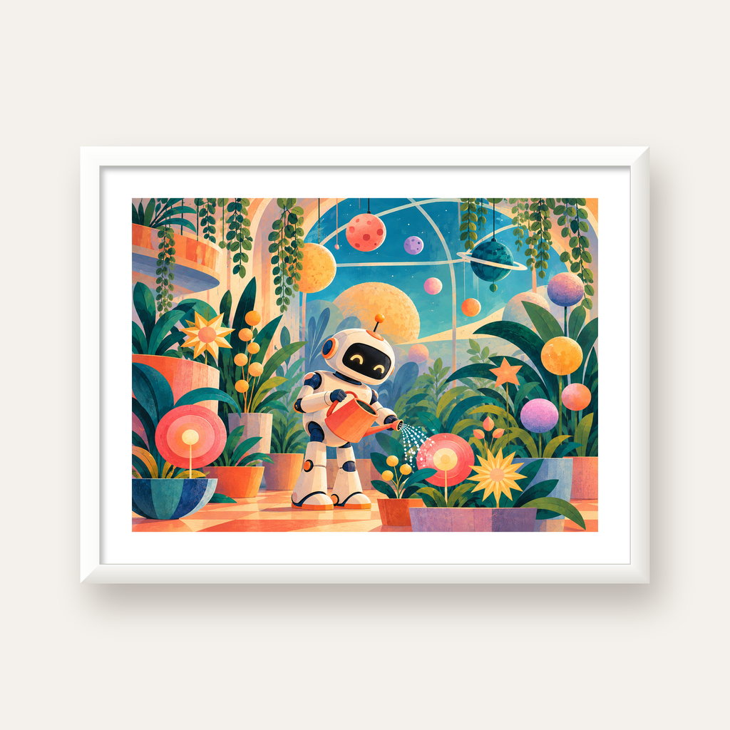 Robot ve Çiçekli Uzay Bahçesi Poster – Dijital İllüstrasyon — beyaz çerçeveli yatay poster