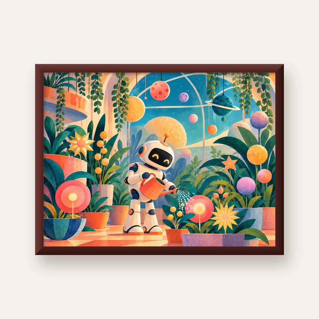 Robot ve Çiçekli Uzay Bahçesi Poster – Dijital İllüstrasyon — ceviz çerçeveli