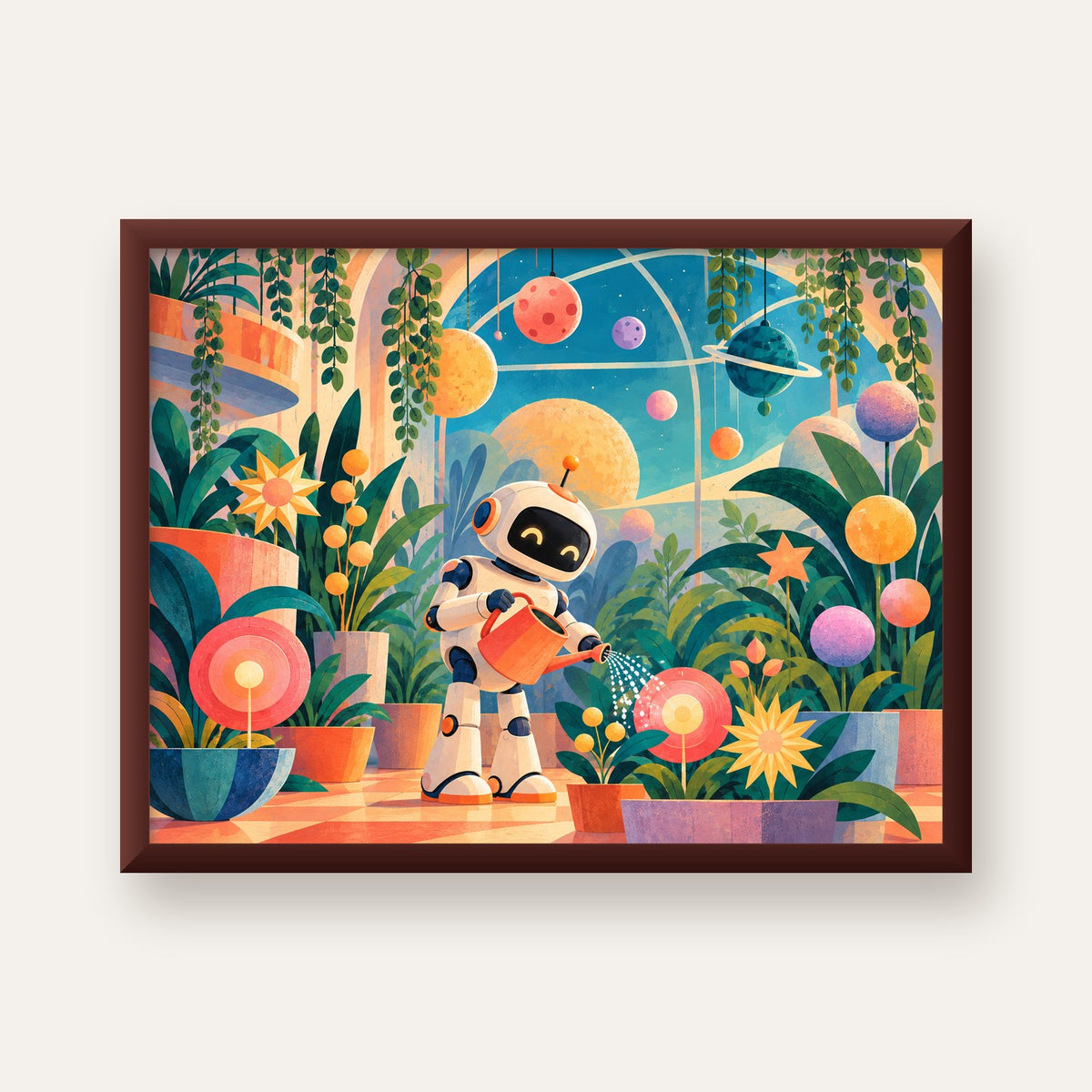 Robot ve Çiçekli Uzay Bahçesi Poster – Dijital İllüstrasyon — ceviz çerçeveli