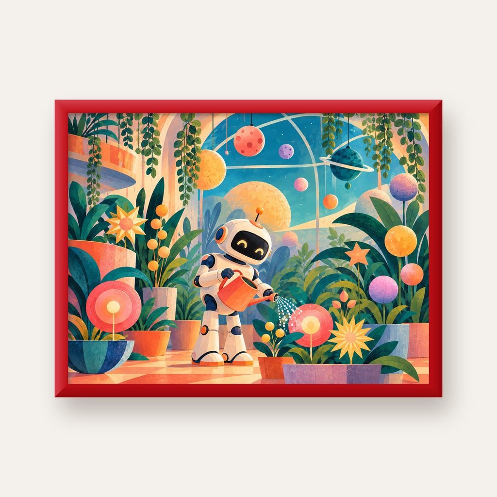 Robot ve Çiçekli Uzay Bahçesi Poster – Dijital İllüstrasyon — kırmızı çerçeveli