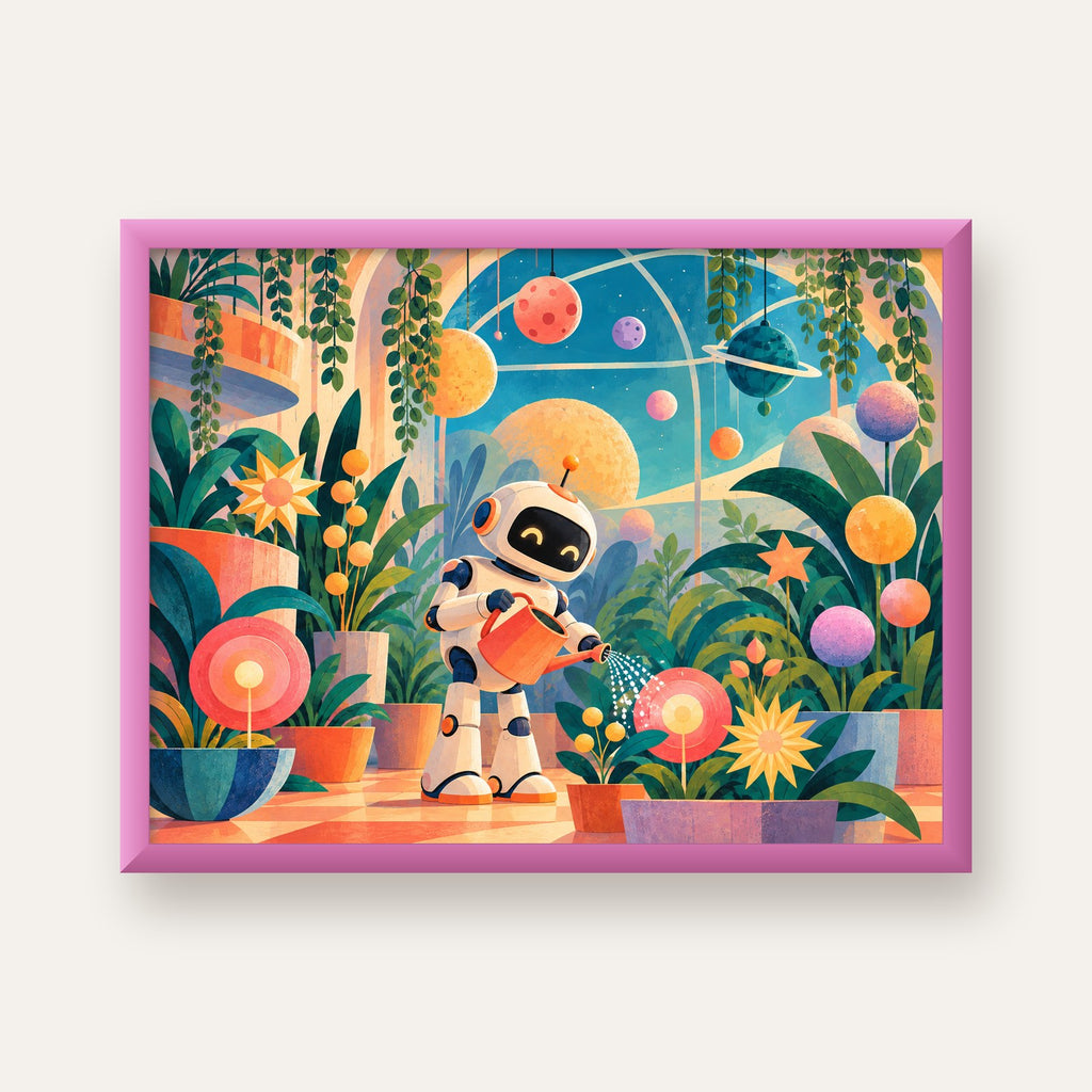 Robot ve Çiçekli Uzay Bahçesi Poster – Dijital İllüstrasyon — pembe çerçeveli