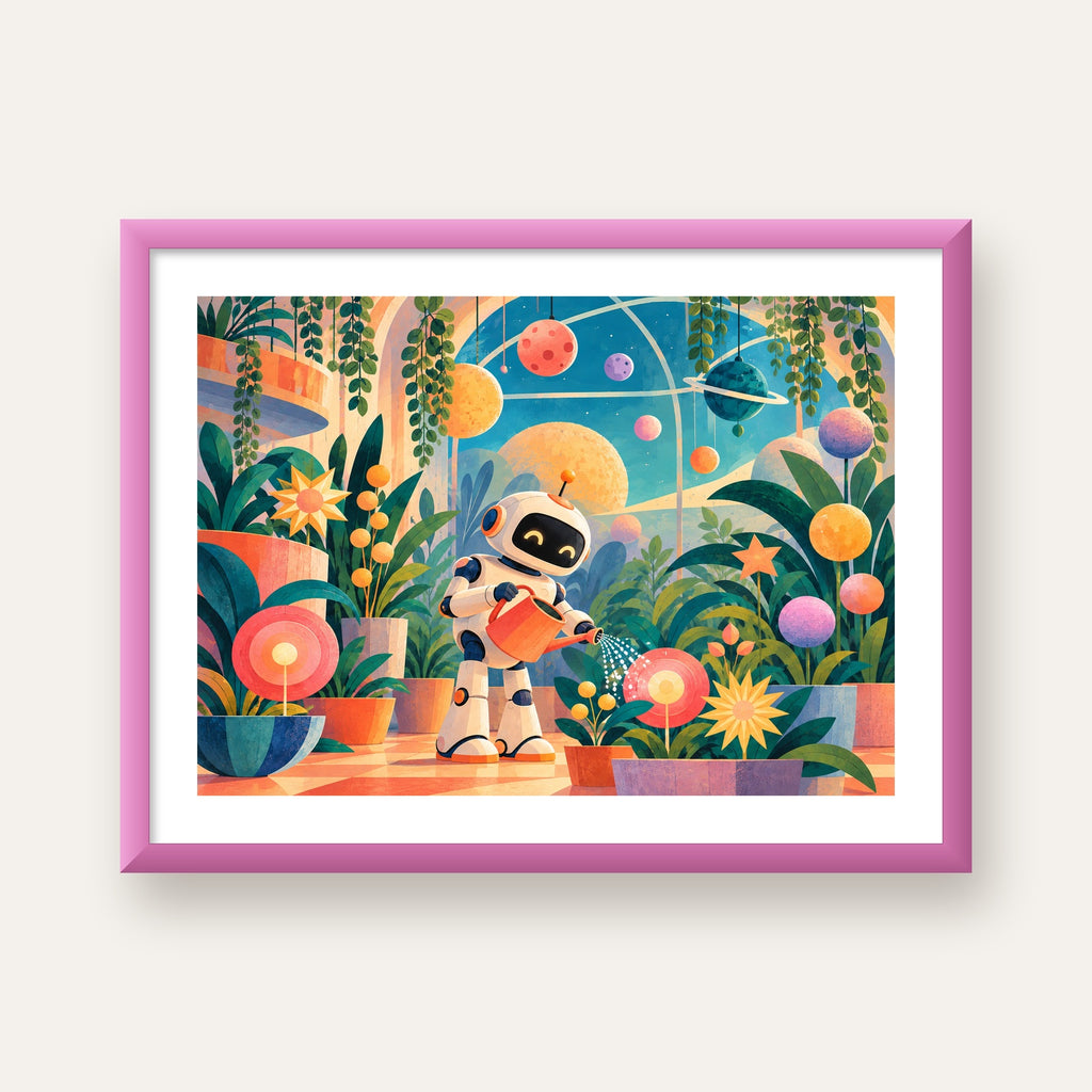 Robot ve Çiçekli Uzay Bahçesi Poster – Dijital İllüstrasyon — pembe çerçeveli paspartulu
