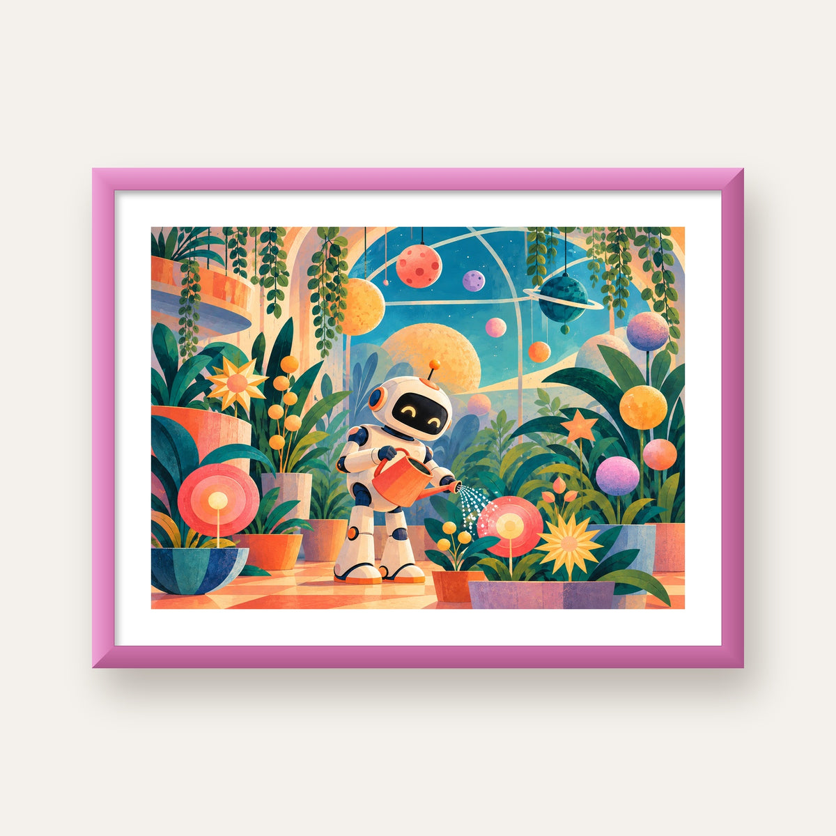 Robot ve Çiçekli Uzay Bahçesi Poster – Dijital İllüstrasyon — pembe çerçeveli paspartulu