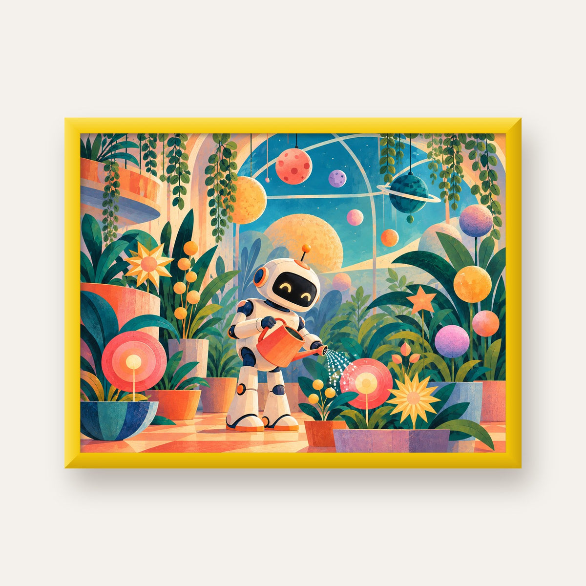 Robot ve Çiçekli Uzay Bahçesi Poster – Dijital İllüstrasyon — sarı çerçeveli