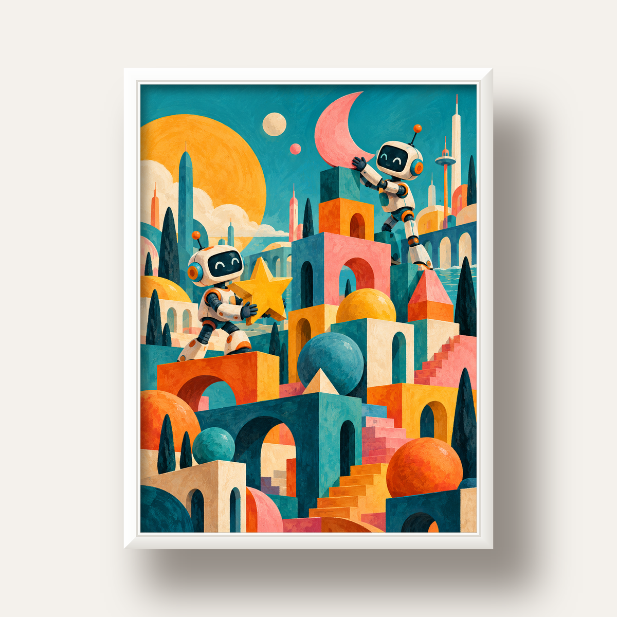 Masalsı Şehirde Neşeli Robotlar Dijital Poster — beyaz derin çerçeveli