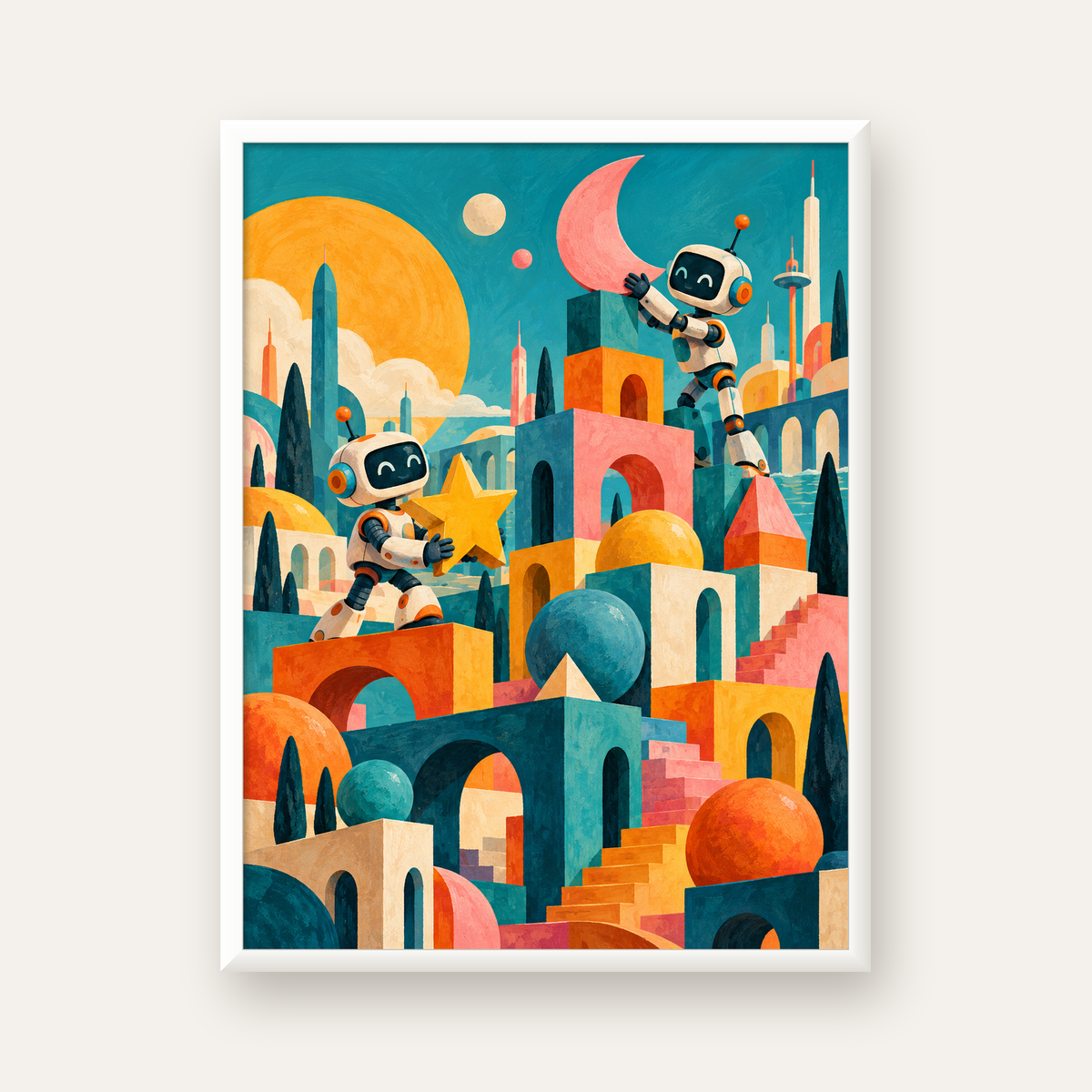 Masalsı Şehirde Neşeli Robotlar Dijital Poster — beyaz çerçeveli dikey poster