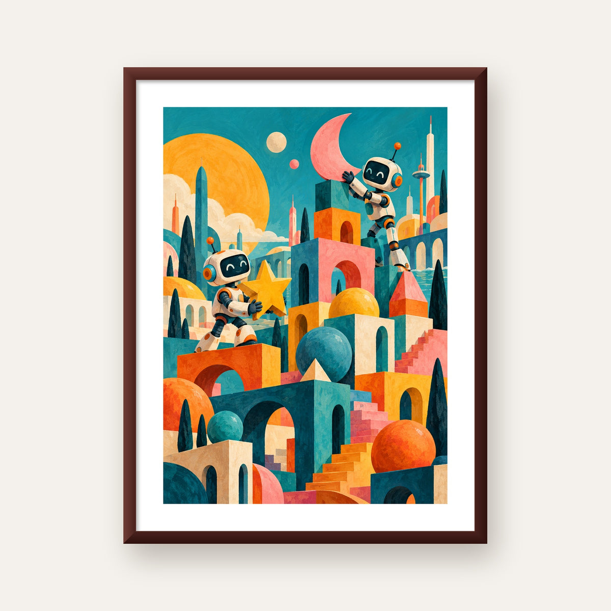 Masalsı Şehirde Neşeli Robotlar Dijital Poster — ceviz çerçeveli paspartulu