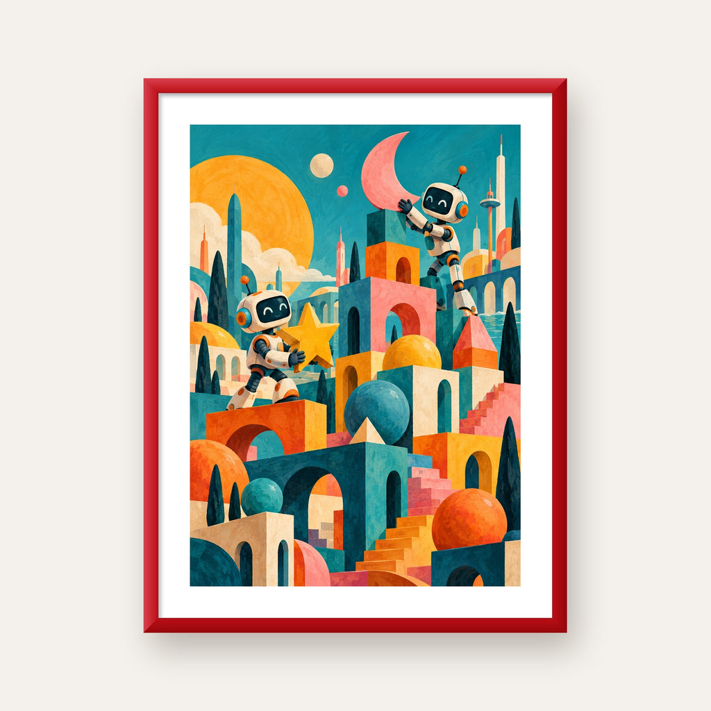 Masalsı Şehirde Neşeli Robotlar Dijital Poster — kırmızı çerçeveli paspartulu