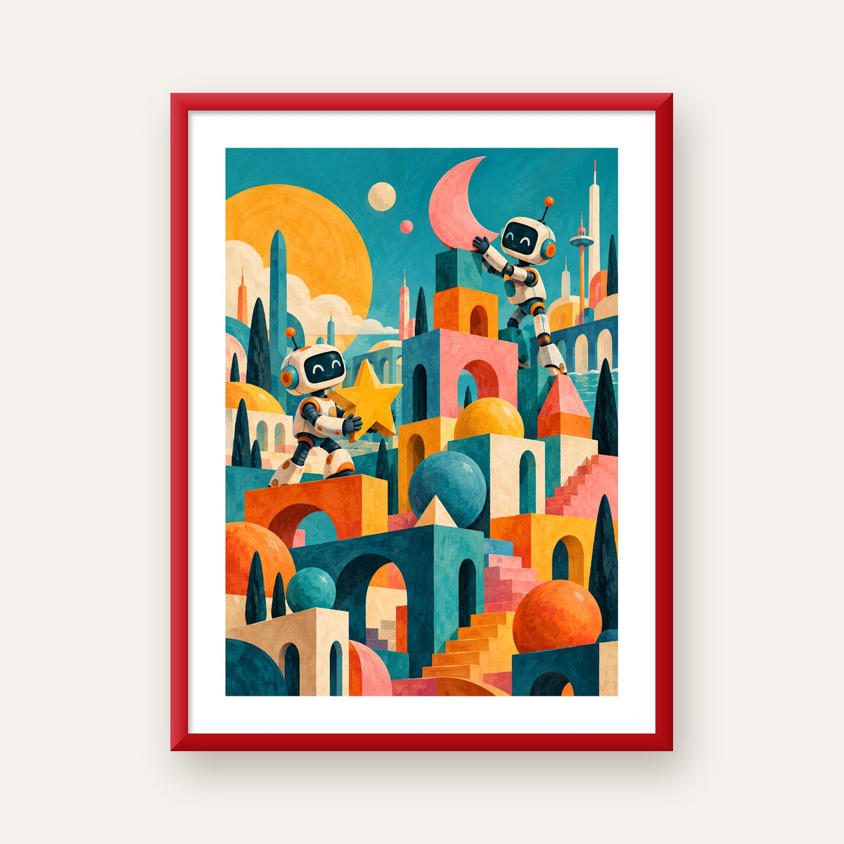 Masalsı Şehirde Neşeli Robotlar Dijital Poster — kırmızı çerçeveli paspartulu