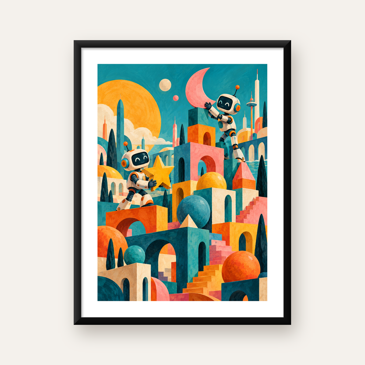 Masalsı Şehirde Neşeli Robotlar Dijital Poster — Dikey baskı, beyaz paspartulu