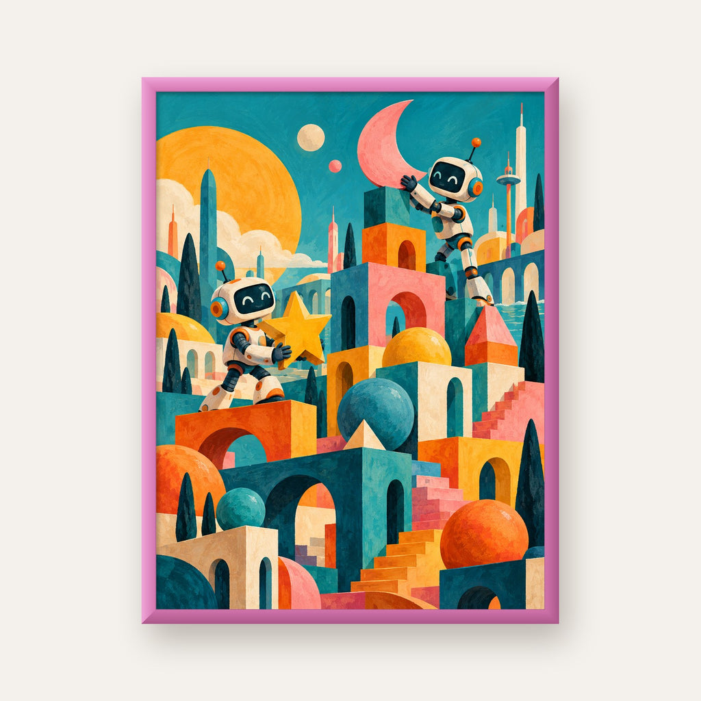 Masalsı Şehirde Neşeli Robotlar Dijital Poster — pembe çerçeveli