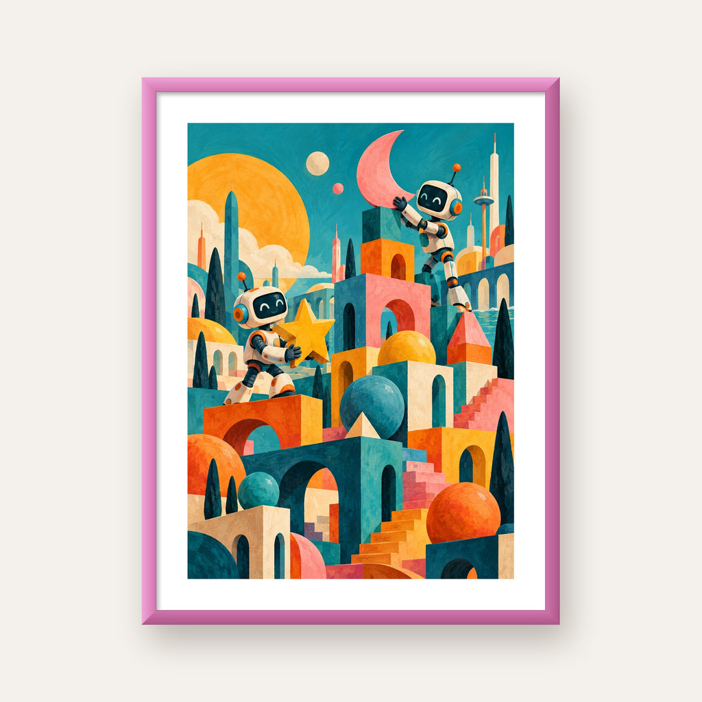 Masalsı Şehirde Neşeli Robotlar Dijital Poster — pembe çerçeveli paspartulu
