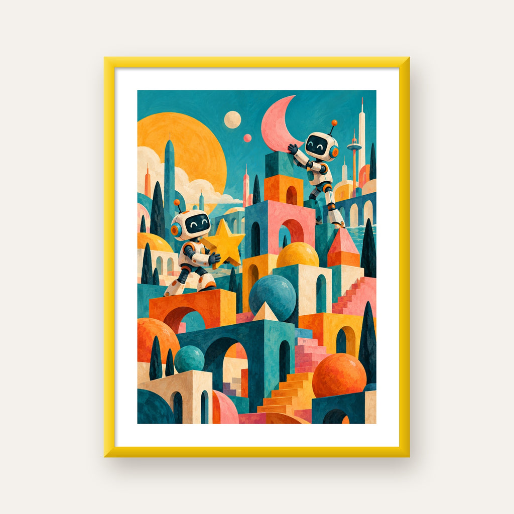 Masalsı Şehirde Neşeli Robotlar Dijital Poster — sarı çerçeveli paspartulu