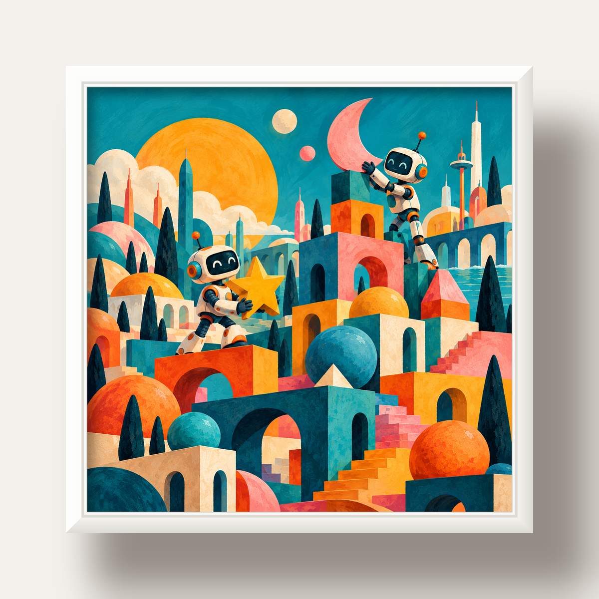 Masalsı Şehirde Neşeli Robotlar Dijital Poster — beyaz derin çerçeveli