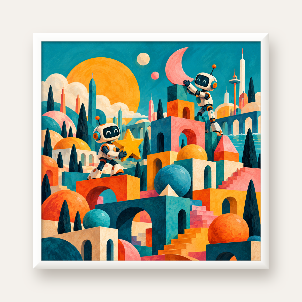 Masalsı Şehirde Neşeli Robotlar Dijital Poster — beyaz çerçeveli kare poster