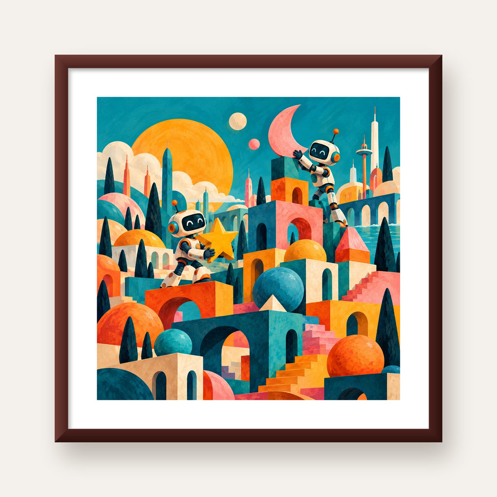 Masalsı Şehirde Neşeli Robotlar Dijital Poster — ceviz çerçeveli paspartulu