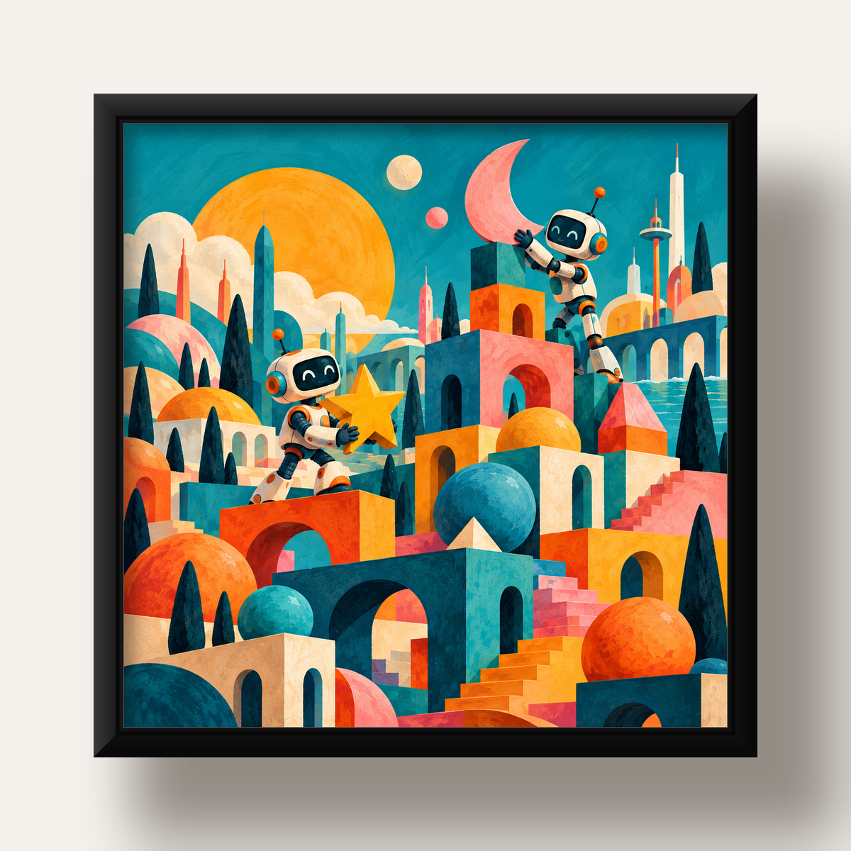 Masalsı Şehirde Neşeli Robotlar Dijital Poster — siyah derin çerçeveli