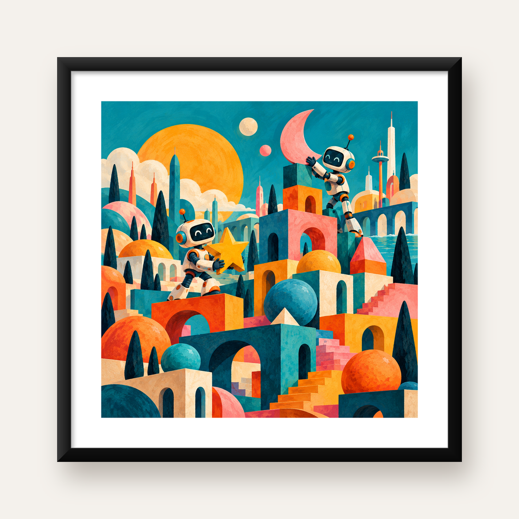 Masalsı Şehirde Neşeli Robotlar Dijital Poster — Kare baskı, beyaz paspartulu
