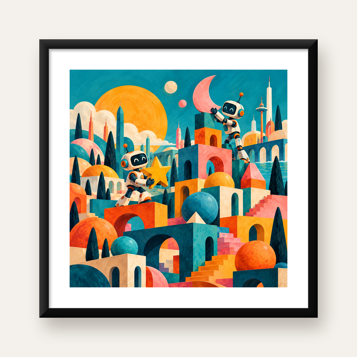 Masalsı Şehirde Neşeli Robotlar Dijital Poster — Kare baskı, beyaz paspartulu