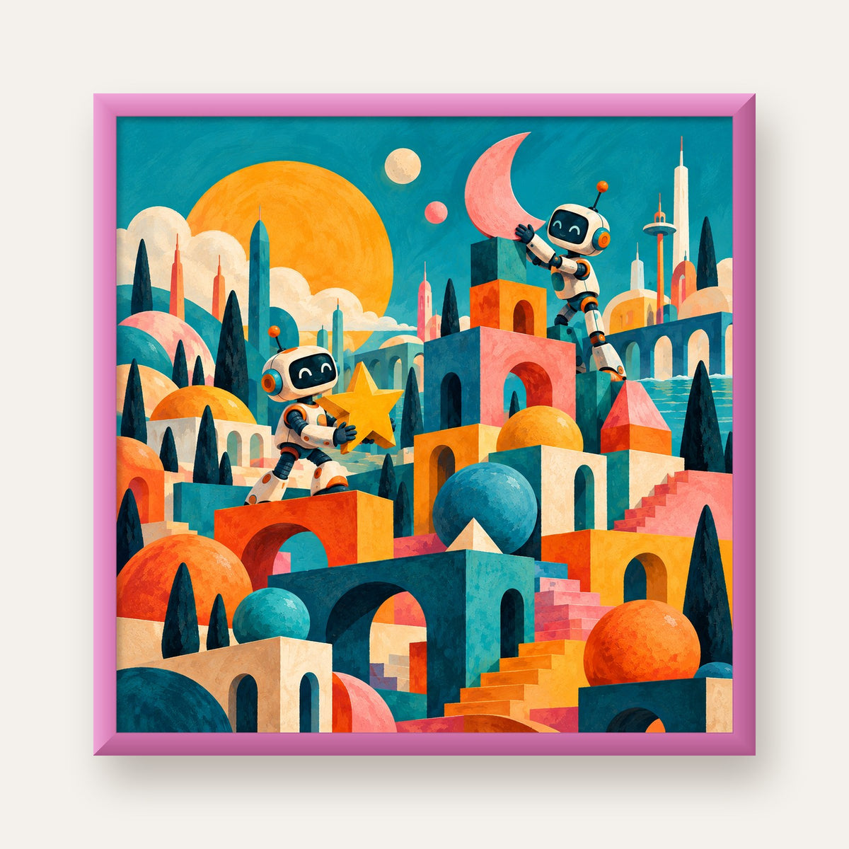 Masalsı Şehirde Neşeli Robotlar Dijital Poster — pembe çerçeveli
