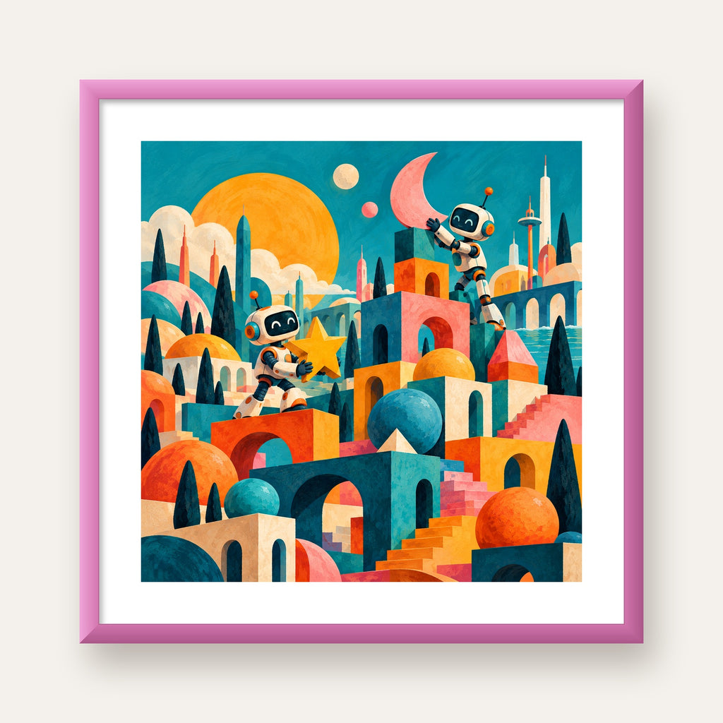 Masalsı Şehirde Neşeli Robotlar Dijital Poster — pembe çerçeveli paspartulu
