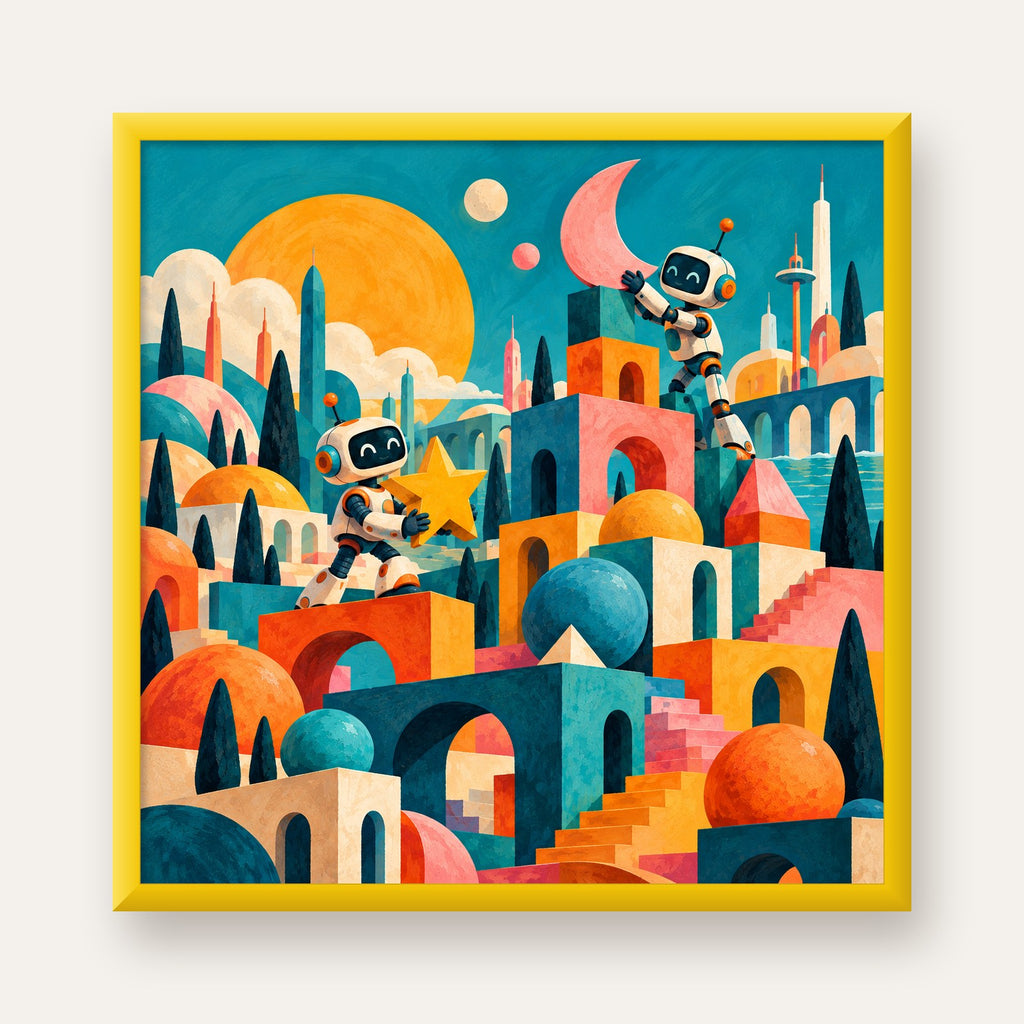 Masalsı Şehirde Neşeli Robotlar Dijital Poster — sarı çerçeveli