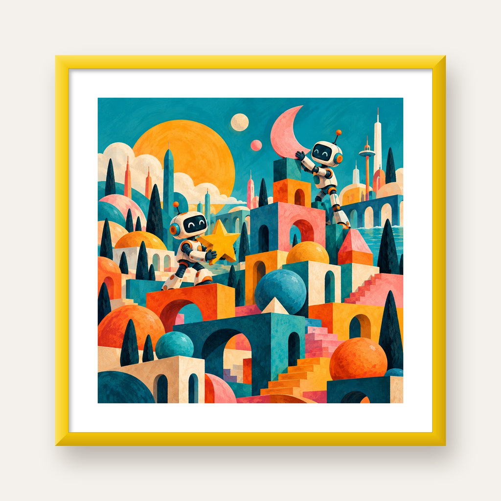Masalsı Şehirde Neşeli Robotlar Dijital Poster — sarı çerçeveli paspartulu