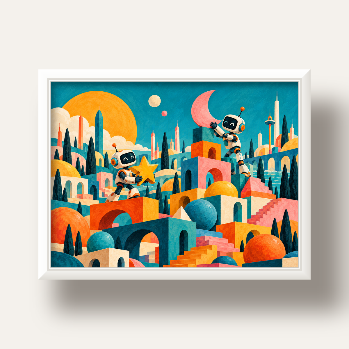 Masalsı Şehirde Neşeli Robotlar Dijital Poster — beyaz derin çerçeveli