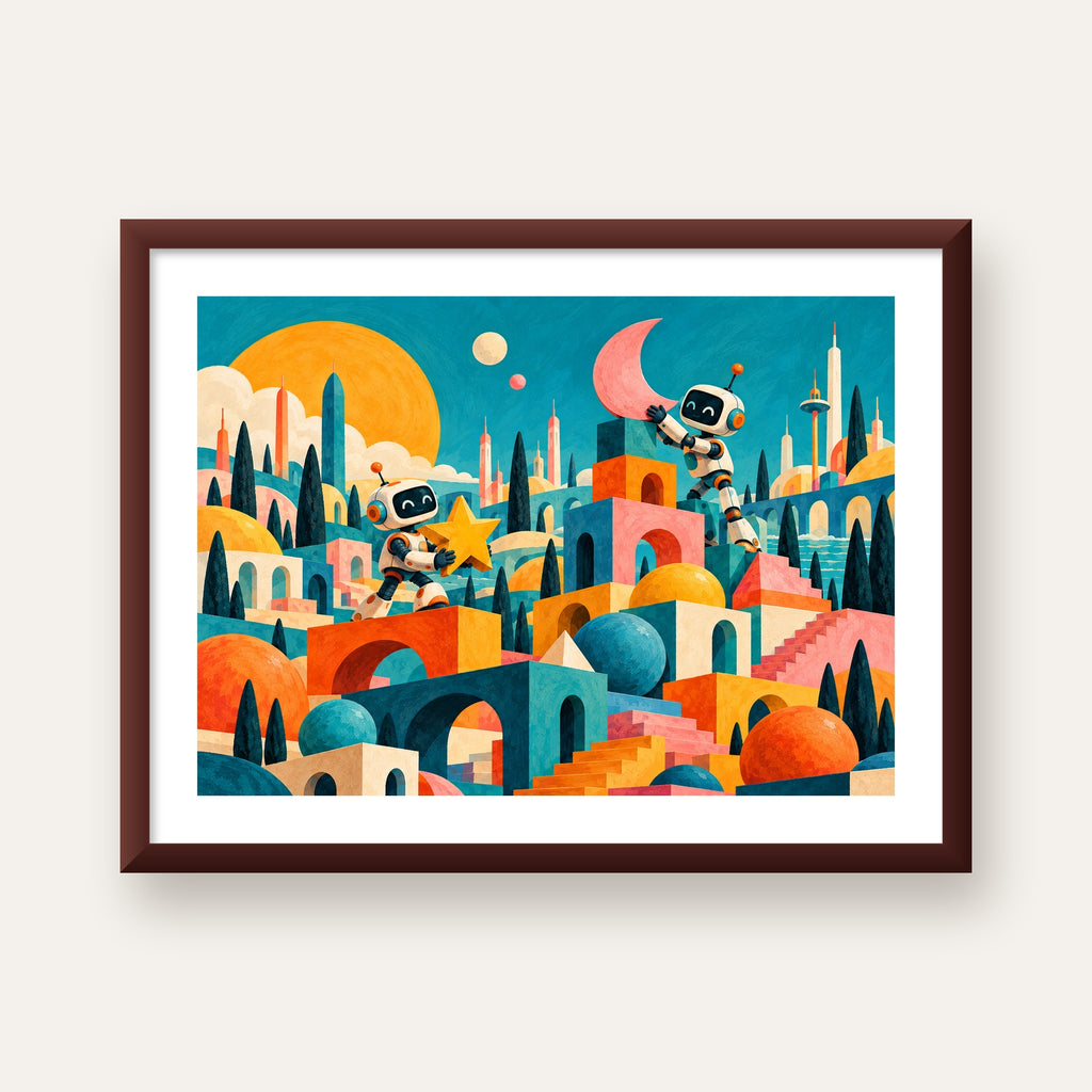 Masalsı Şehirde Neşeli Robotlar Dijital Poster — ceviz çerçeveli paspartulu