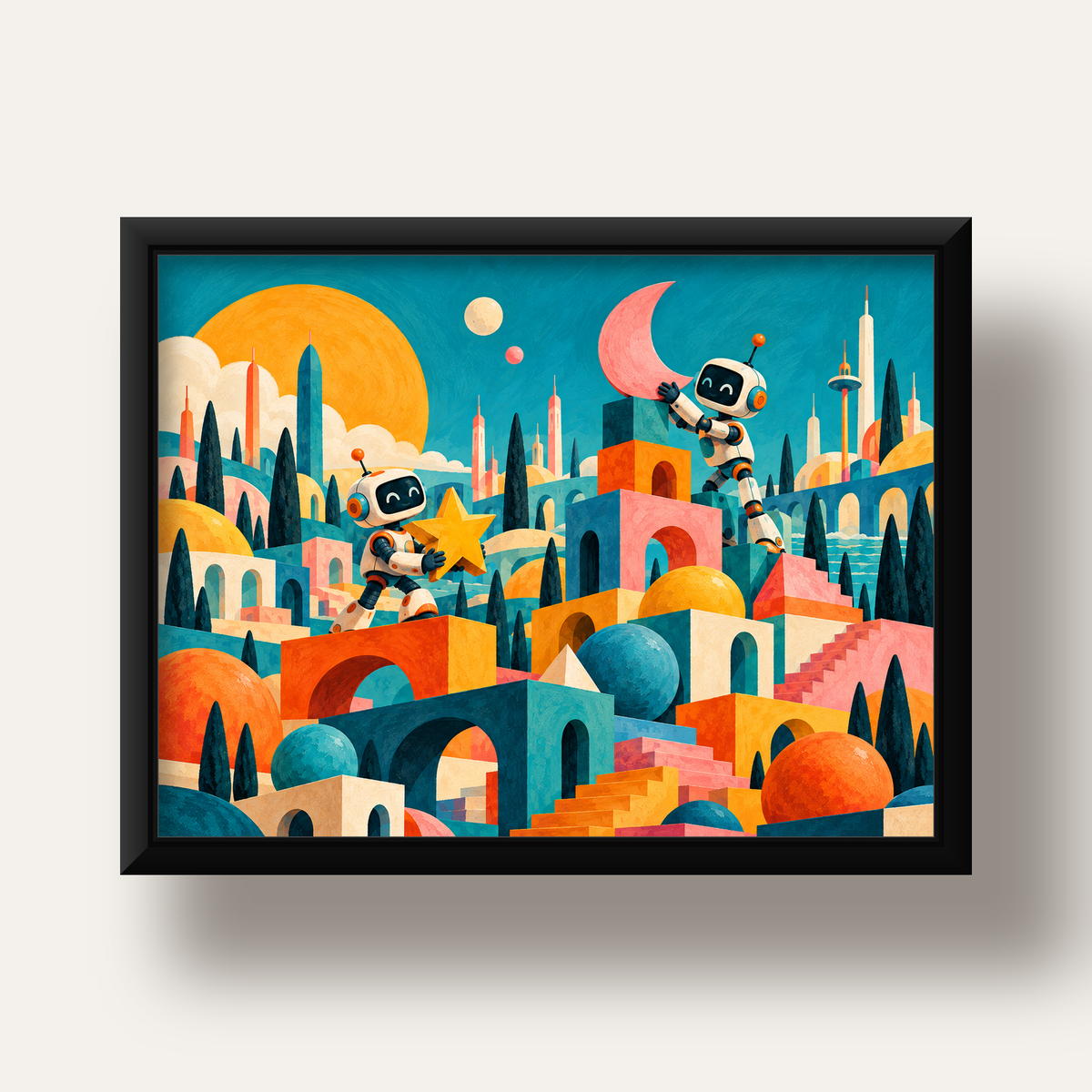 Masalsı Şehirde Neşeli Robotlar Dijital Poster — siyah derin çerçeveli
