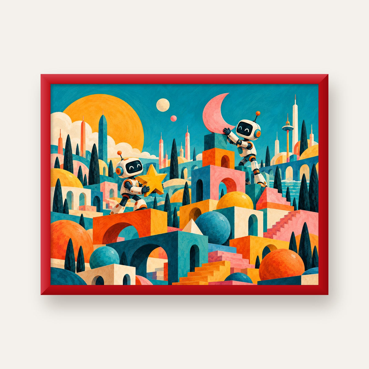 Masalsı Şehirde Neşeli Robotlar Dijital Poster — kırmızı çerçeveli