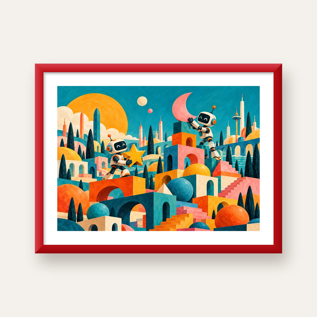 Masalsı Şehirde Neşeli Robotlar Dijital Poster — kırmızı çerçeveli paspartulu
