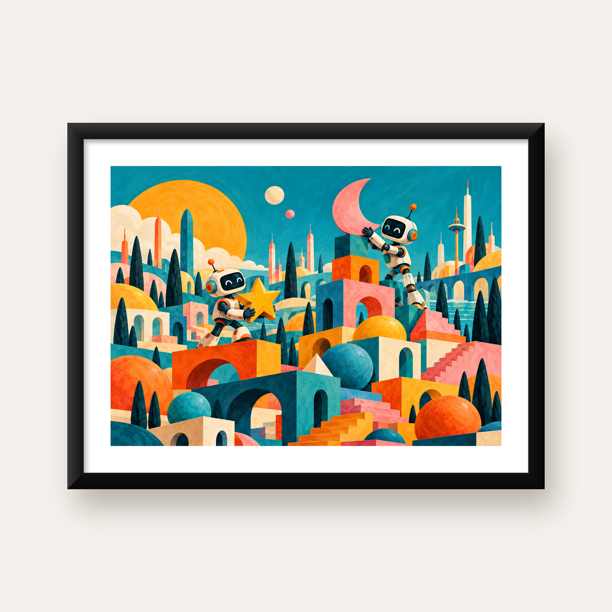 Masalsı Şehirde Neşeli Robotlar Dijital Poster — Yatay baskı, beyaz paspartulu