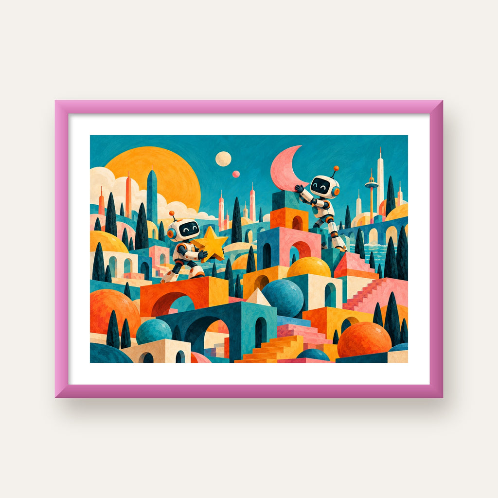 Masalsı Şehirde Neşeli Robotlar Dijital Poster — pembe çerçeveli paspartulu