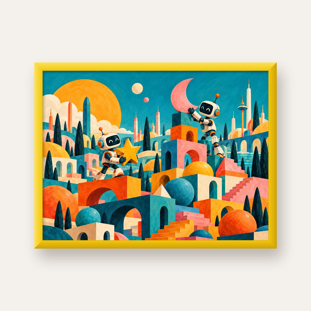 Masalsı Şehirde Neşeli Robotlar Dijital Poster — sarı çerçeveli