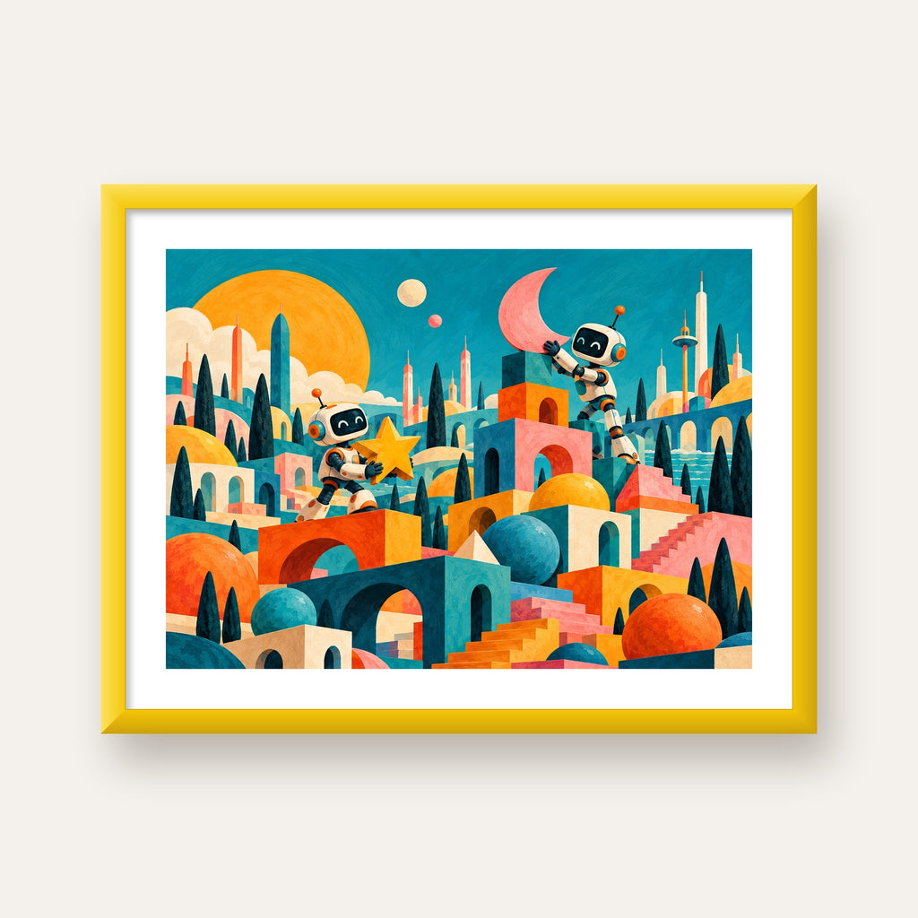 Masalsı Şehirde Neşeli Robotlar Dijital Poster — sarı çerçeveli paspartulu