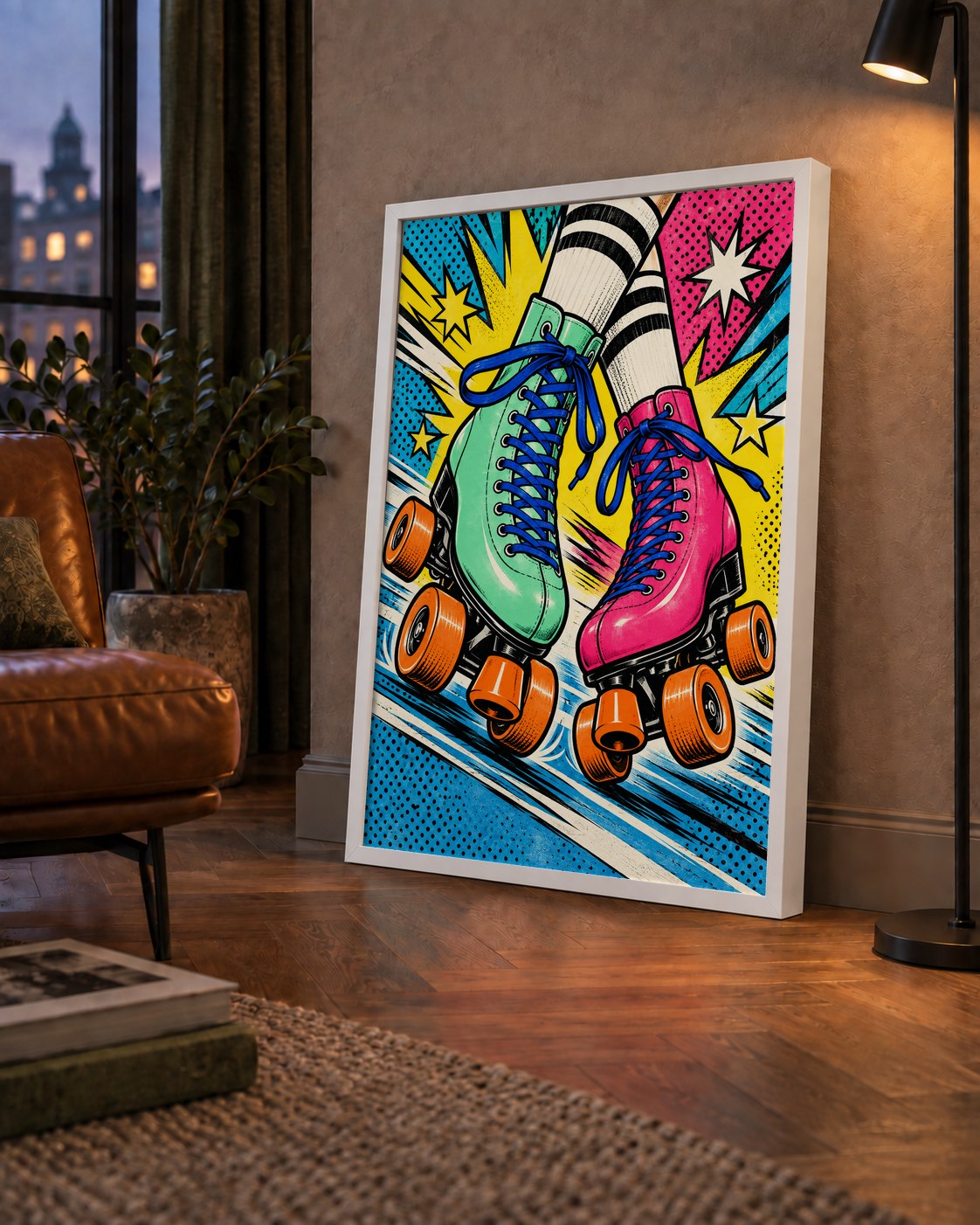 Pop Art Renkli Patenler Poster – Canlı ve Enerjik Duvar Dekoru — çerçeveli hâliyle bir ev duvarında
