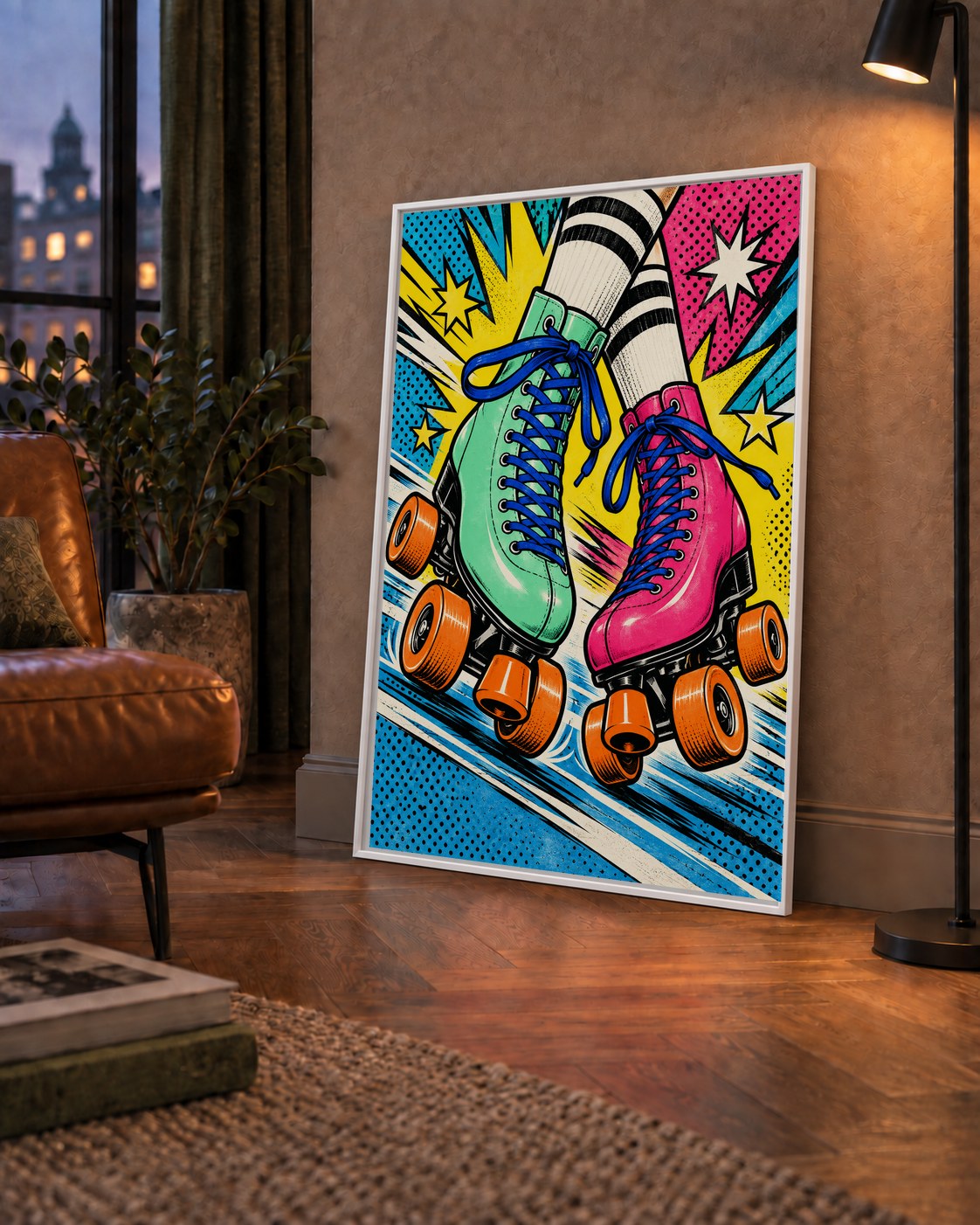 Pop Art Renkli Patenler Poster – Canlı ve Enerjik Duvar Dekoru — çerçeveli hâliyle bir ev duvarında