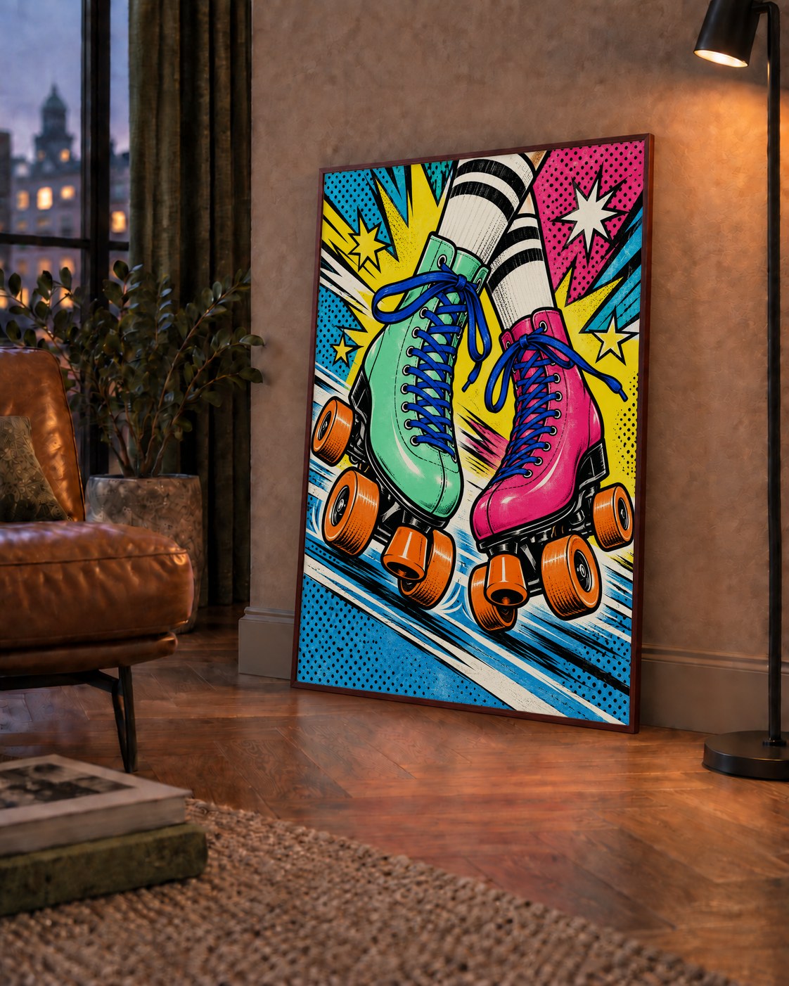 Pop Art Renkli Patenler Poster – Canlı ve Enerjik Duvar Dekoru — çerçeveli hâliyle bir ev duvarında