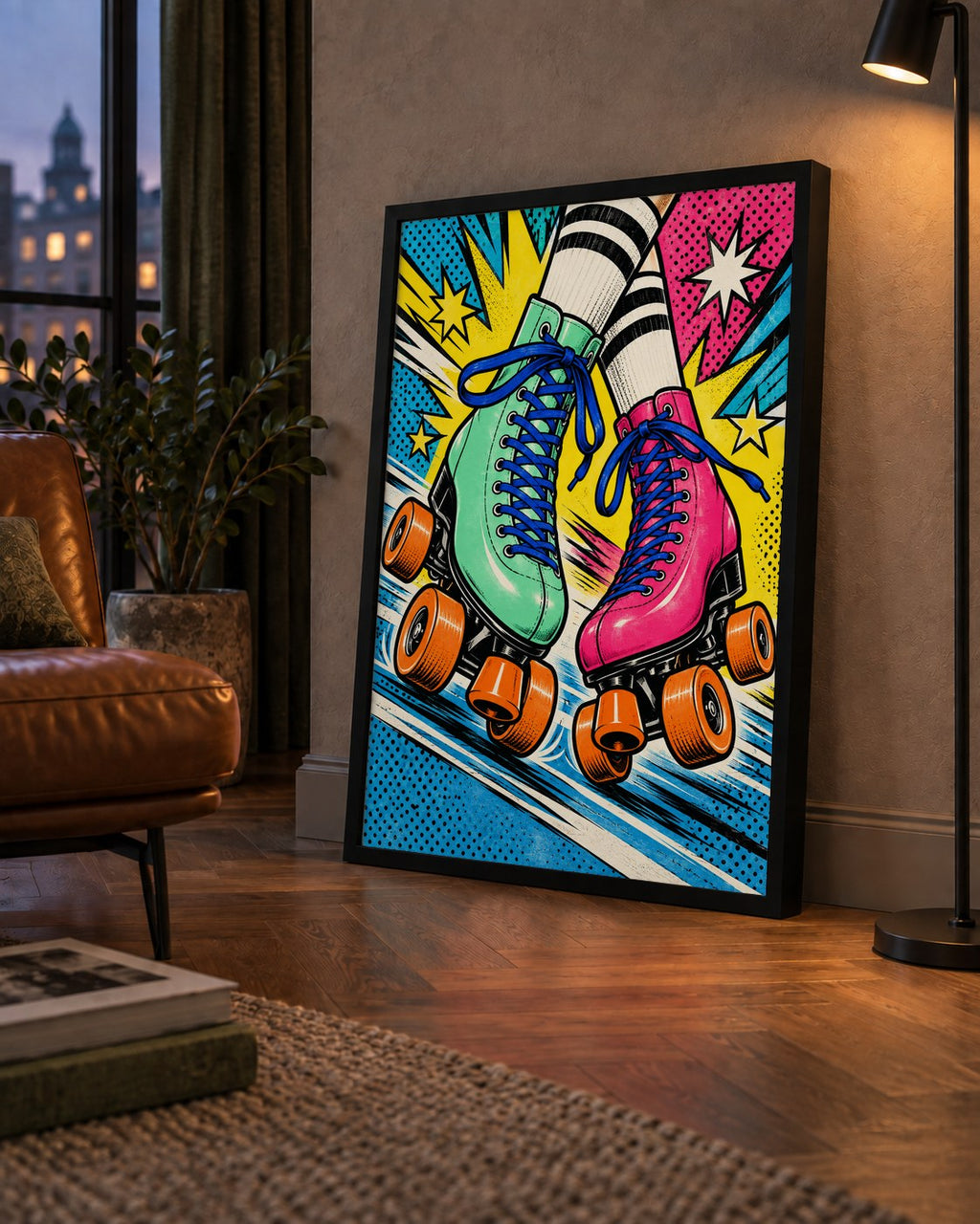 Pop Art Renkli Patenler Poster – Canlı ve Enerjik Duvar Dekoru — çerçeveli hâliyle bir ev duvarında