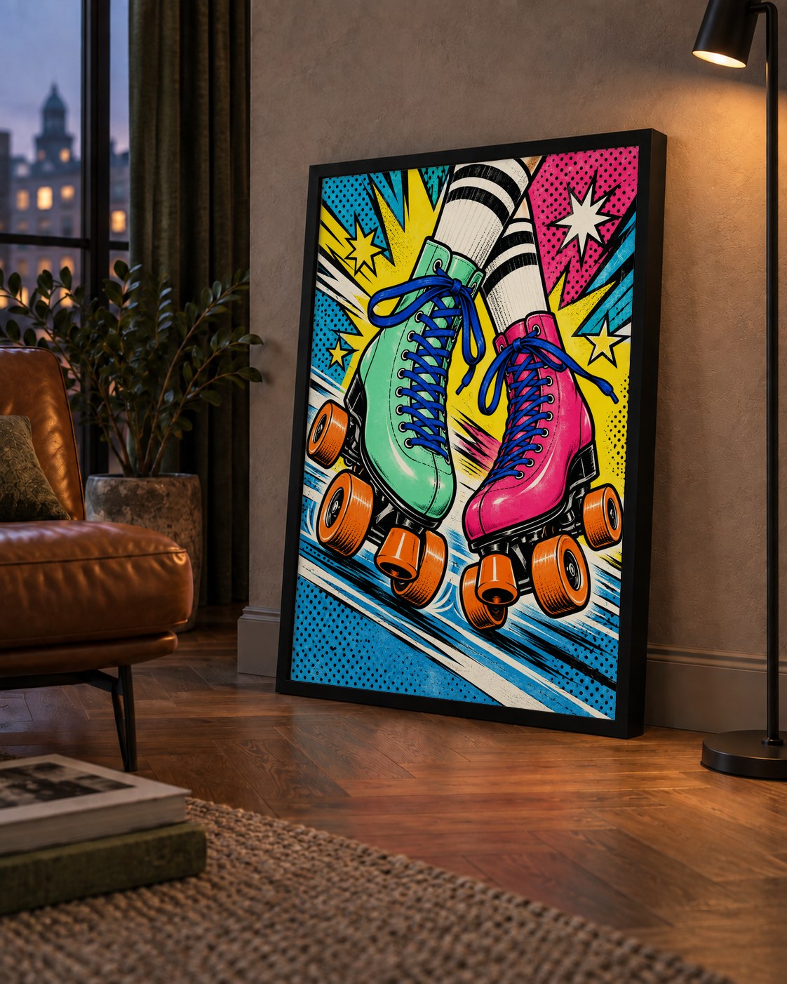 Pop Art Renkli Patenler Poster – Canlı ve Enerjik Duvar Dekoru — çerçeveli hâliyle bir ev duvarında