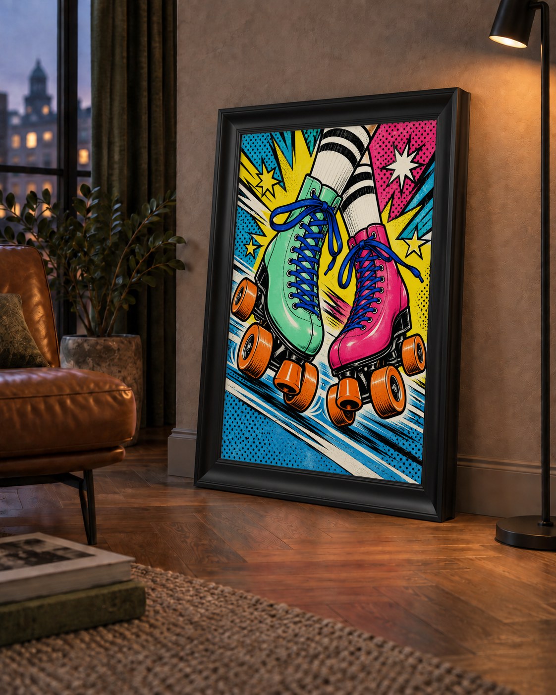 Pop Art Renkli Patenler Poster – Canlı ve Enerjik Duvar Dekoru — çerçeveli hâliyle bir ev duvarında