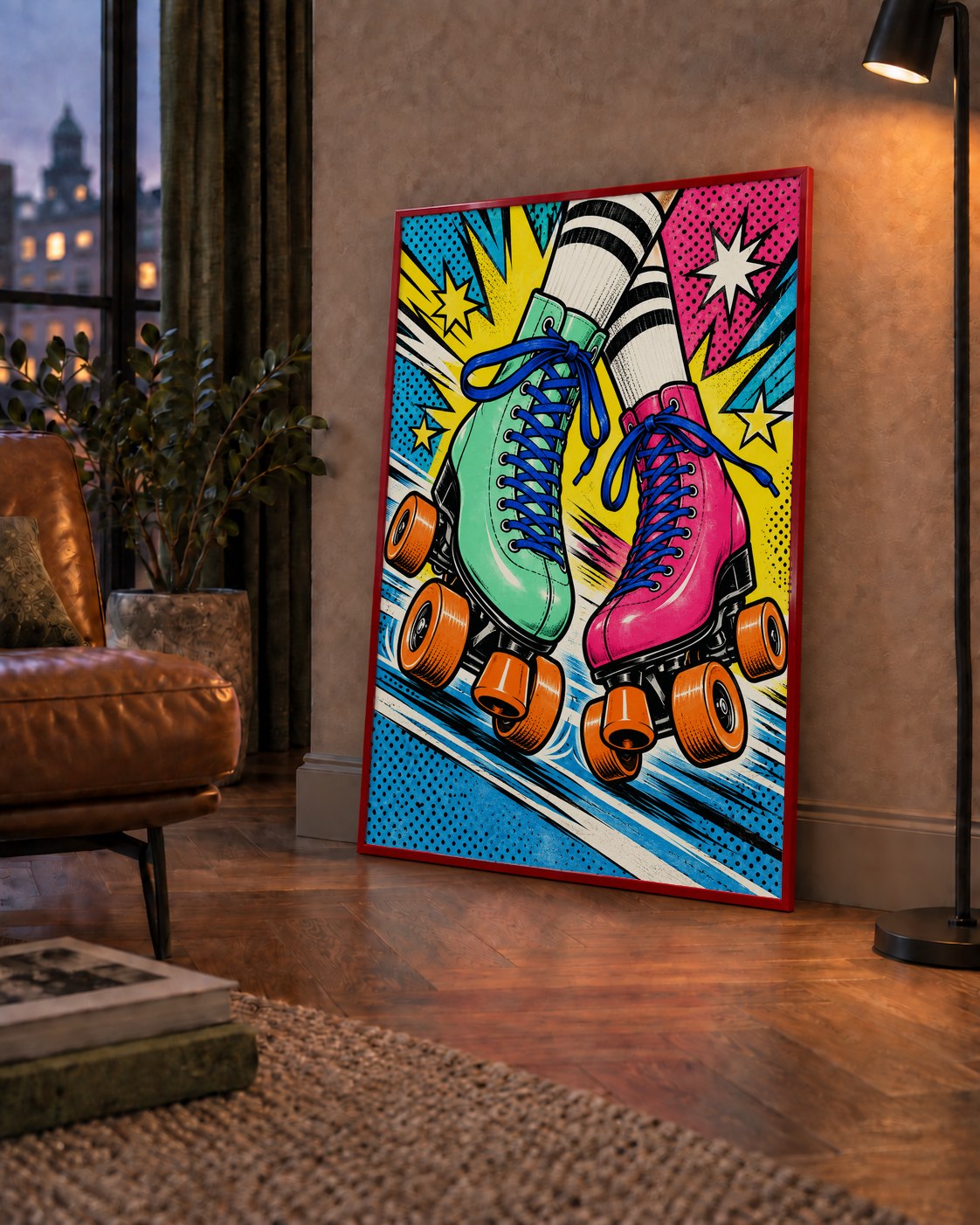 Pop Art Renkli Patenler Poster – Canlı ve Enerjik Duvar Dekoru — çerçeveli hâliyle bir ev duvarında